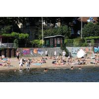 367_3997 Baden in der Elbe - Strand bei Oevelgoenne. Menschen sonnen sich an der Elbe im Sand. | 